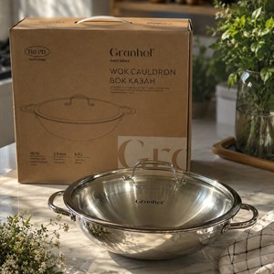 Вок-казан Granhel 32 см, 5,9 л — нержавеющая сталь 18/10 Tri-Ply, индукция, крышка